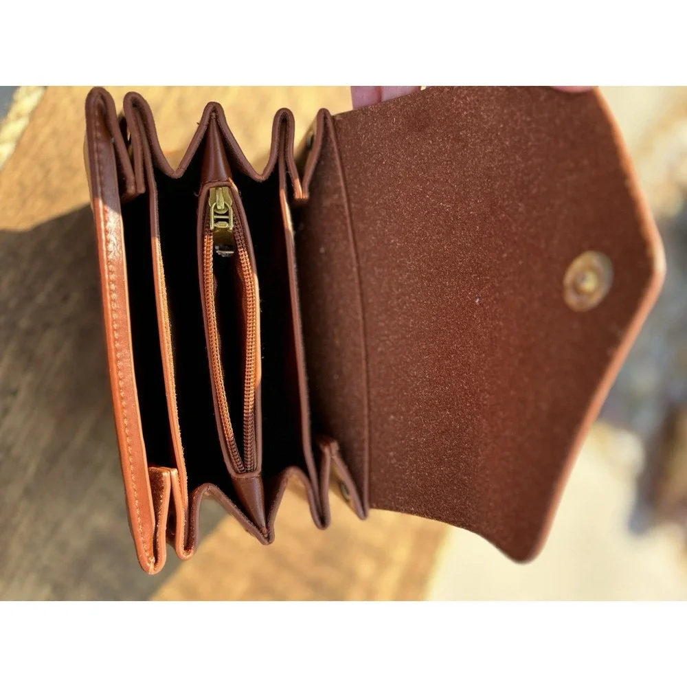 Vintage Style Brown Accordion Coin Purse Wallet Snap Closure Organizer Faux Leat